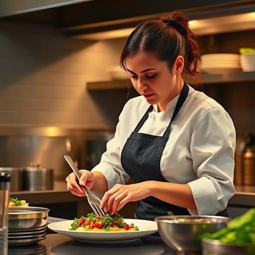 Chef Isabella Rossi in her kitchen, preparing a dish