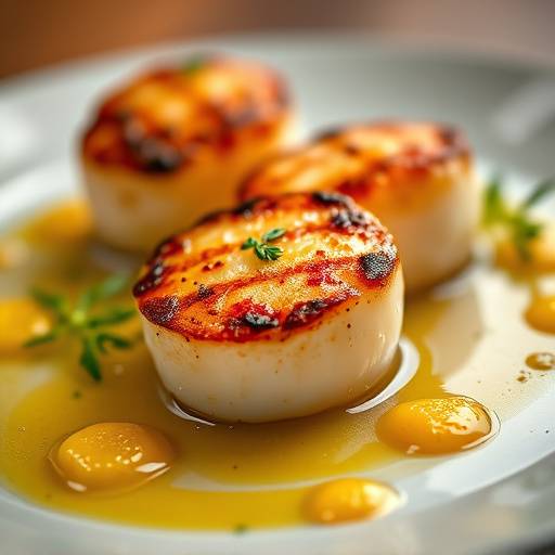 Close-up of a perfectly plated seared scallop dish with citrus reduction