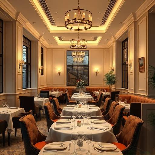 Image of the restaurant's elegant dining room with soft lighting and comfortable seating