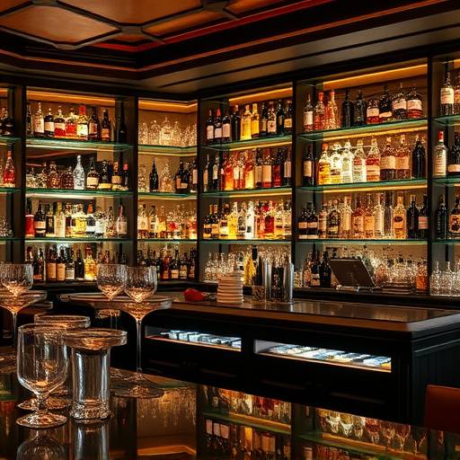 Interior of Gourmet Delights showing the bar area with a variety of spirits and wines displayed