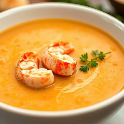 Lobster bisque served in a white bowl with a sprig of fresh herbs
