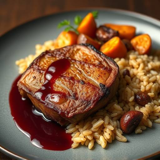 Pan-seared duck breast with cherry sauce, served with wild rice pilaf and roasted root vegetables