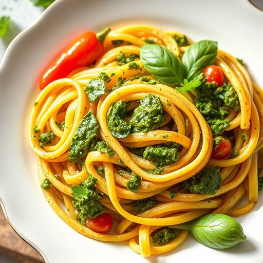 Vegetarian Pasta with seasonal vegetables and pesto sauce
